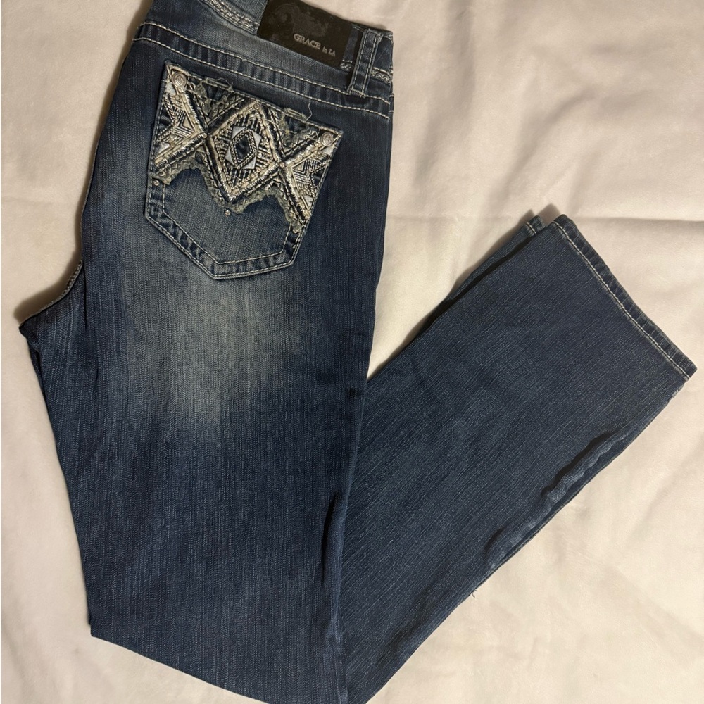 Grace Indigo Women's Straight Leg Jeans with Patterned Pocket